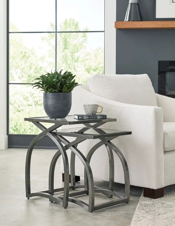 Hammary® Hidden Treasures 2-Piece Glass Top Vault Bunching Table with Gunmetal Base Set-1