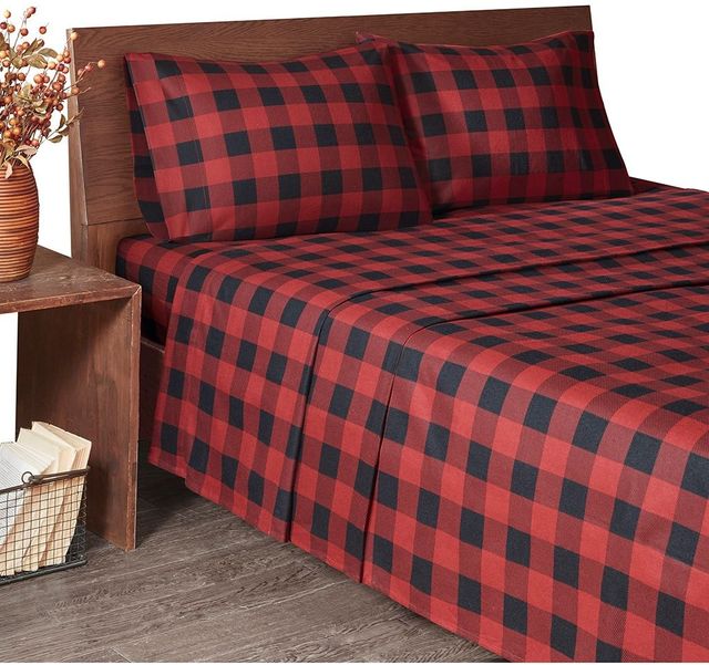 Olliix by Woolrich Red/Black Buffalo Check Queen Flannel Cotton Sheet Set-3