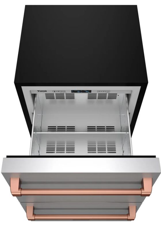 Thor Kitchen® Gordon Ramsay 24" 5.4 Cu. Ft. Stainless Steel Under-Counter Outdoor Freestanding Freezer Drawer with Rose Gold Handle-1