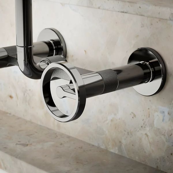 KOHLER® Billet® Vibrant Titanium 12" 2-Hole Wall-Mount Bridge Kitchen Sink Faucet with Round Handles-3
