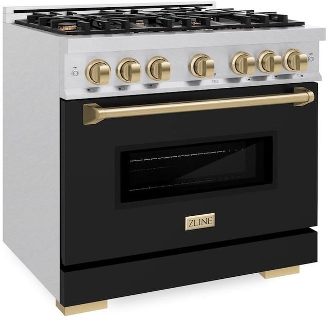 ZLINE Classic 36" Satin Stainless Steel Pro Style Dual Fuel Range with Black Matte Door and Champagne Bronze Accents-3