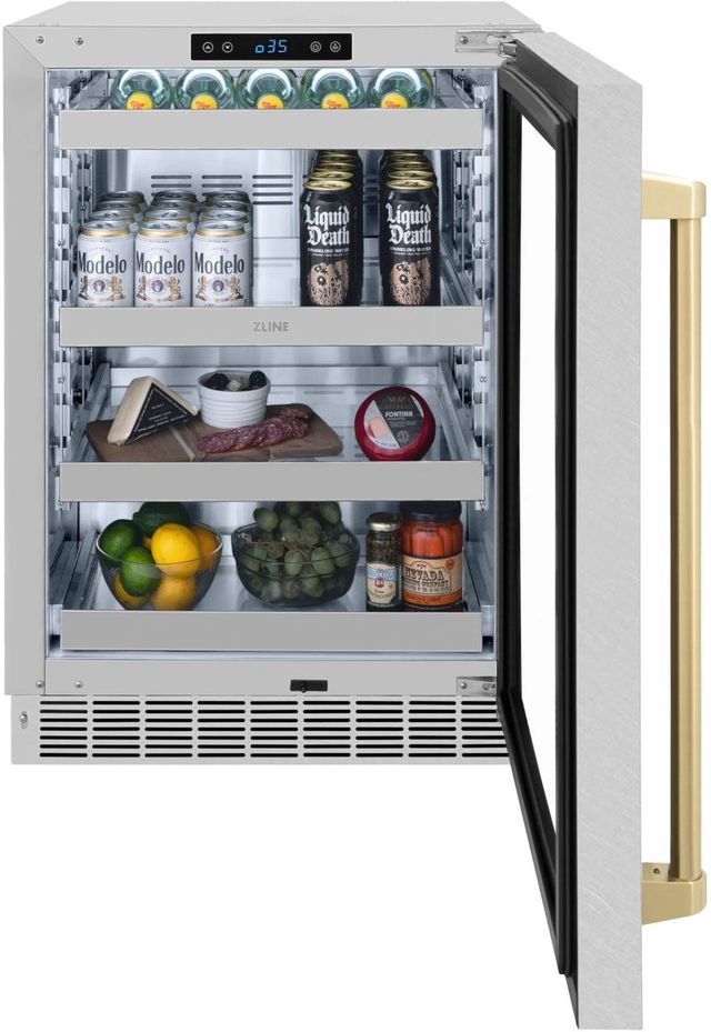 ZLINE Autograph Edition Touchstone 24" 5.2 Cu. Ft. Satin Stainless Steel Beverage Center with Glass Door and Champagne Bronze Handle-2