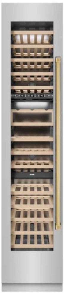 ZLINE Autograph Edition 18" 9.0 Cu. Ft. Triple Zone 68 Bottle Left Hinge Column Wine Cooler in Stainless Steel with Polished Gold Accents-0