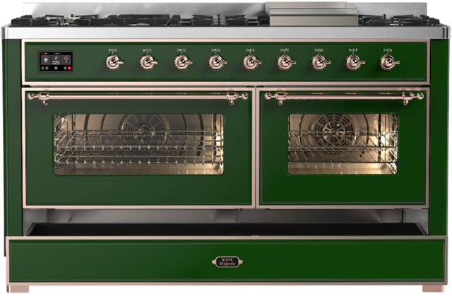 Ilve® Majestic III 60" Emerald Green Pro Style Dual Fuel Natural Gas Range with Triple Glass Door and Copper Trim-1