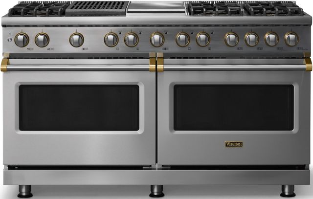 Viking® 5 Series 60" Stainless Steel Pro Style Dual Fuel (LP) Range with Brushed Brass Trim-0