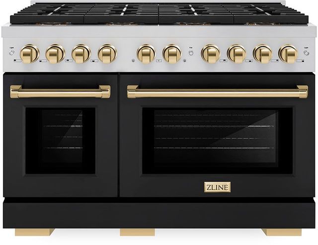 ZLINE Paramount Autograph Edition 48" Stainless Steel Pro Style Gas Range with Black Matte Door and Polished Gold Accents-0