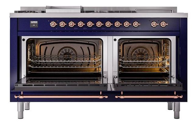 Ilve® Nostalgie II Noblesse 60'' Midnight Blue Pro Style Dual Fuel Range with Copper Trim-1