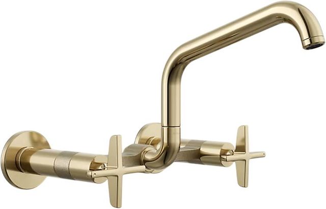 KOHLER® Billet® Vibrant French Gold 2-Hole Wall-Mount Bridge Kitchen Sink Faucet with Cross Handles-0