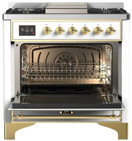 Ilve® Majestic III 36" Custom Pro Style Dual Fuel Liquid Propane Range with Solid Door and Brass Trim-1