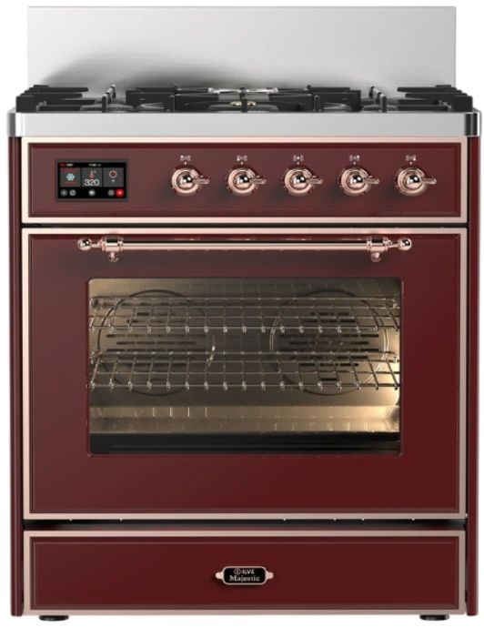Ilve® Majestic III 30" Burgundy Pro Style Dual Fuel Liquid Propane Range with Triple Glass Door and Copper Trim-0