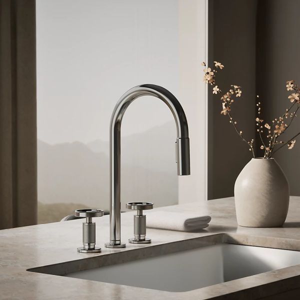 KOHLER® Billet® Vibrant Titanium Kitchen Sink Faucet with 2-Function Sprayhead and Round Handles-1