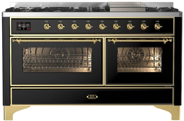 Ilve® Majestic III 60" Glossy Black Pro Style Dual Fuel Natural Gas Range with Triple Glass Door and Brass Trim-0