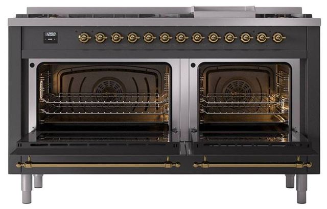 Ilve® Nostalgie II Noblesse 60'' Graphite Matte Pro Style Dual Fuel Range with Brass Trim-2