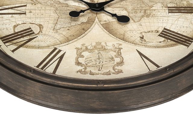 Monarch Specialties Inc. Antique Brown 20" Round Wall Clock with Roman Numerals on Map Background-1