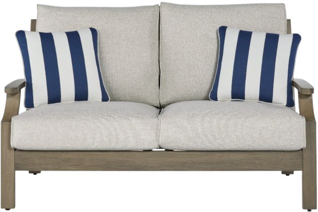 Clearance Signature Design by Ashley® Rainier Ranch Beige/Brown Aluminum/Fabric Outdoor Loveseat-2