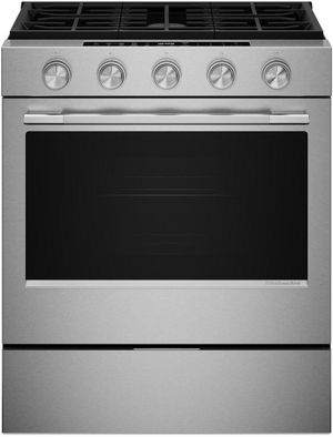 Front view of the KitchenAid® 30" Fingerprint Resistant Stainless Steel Smart Slide-in Gas Range with Convection Cooking Modes and 2-in-1 Burner
