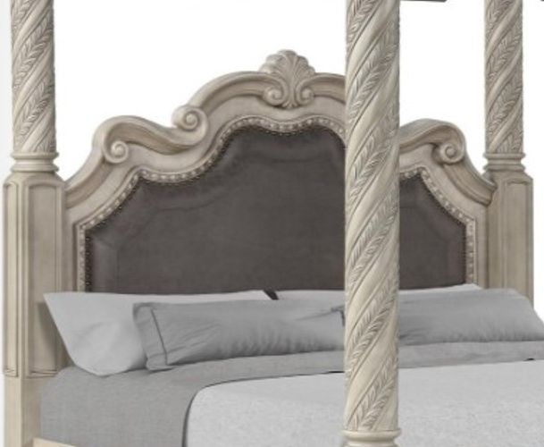 Bernards Coventry Gray Upholstered King Panel Canopy Bed-1