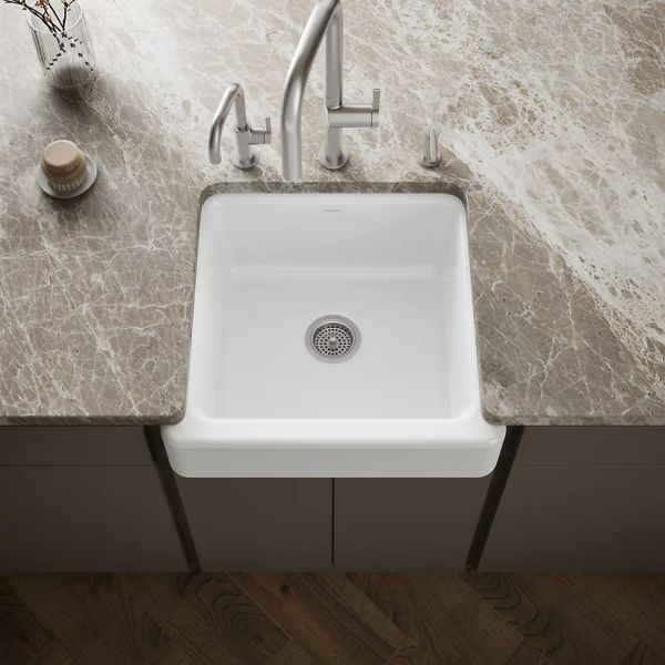 KOHLER® Whitehaven® White 24" Undermount Single-Bowl Farmhouse Kitchen Sink with Short Apron-1