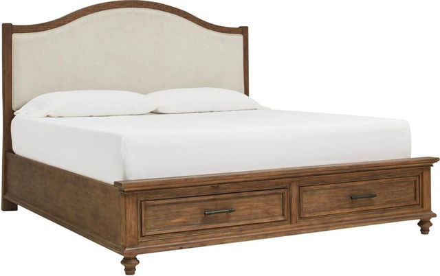 aspenhome® Hensley Beige/Honey Queen Upholstered Panel Storage Bed-0