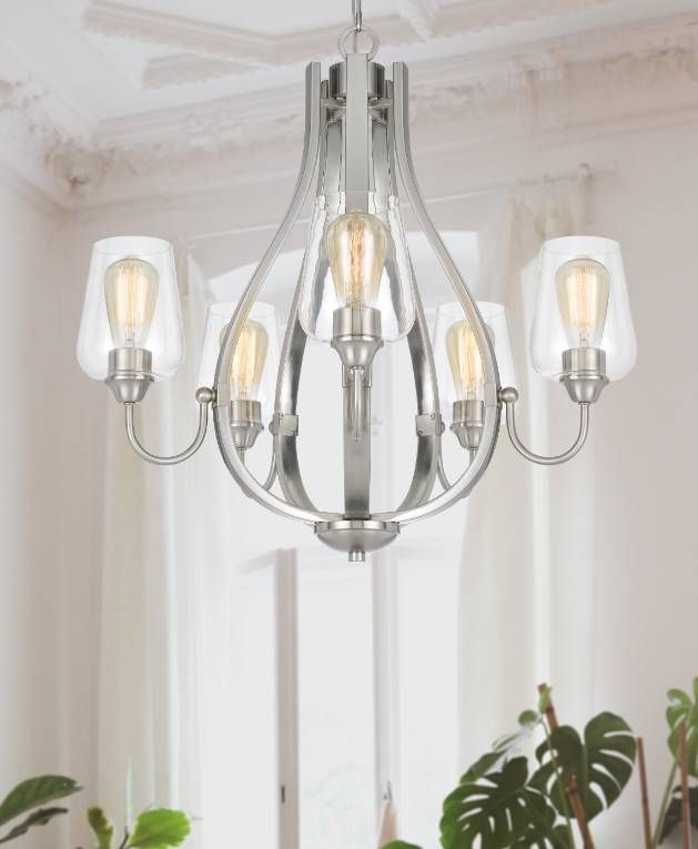 Cal® Lighting & Accessories Newport 5-Light Brushed Steel Chandelier with Glass Shades-2