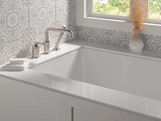 Delta Broderick® Lumicoat® Stainless 3-Hole Roman Tub with Hand Shower - Handle Kit-Lever-1