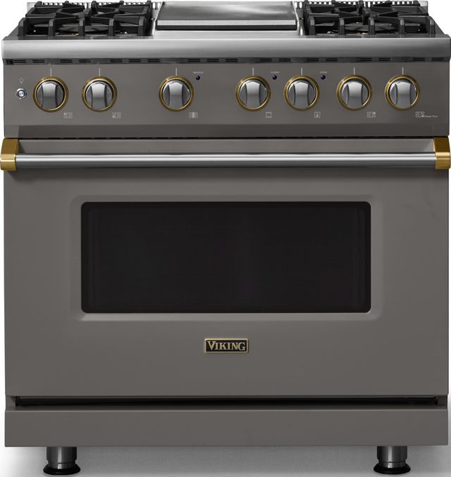 Viking® 5 Series 36" Damascus Gray Pro Style Dual Fuel (LP) Range with Brushed Brass Trim-0