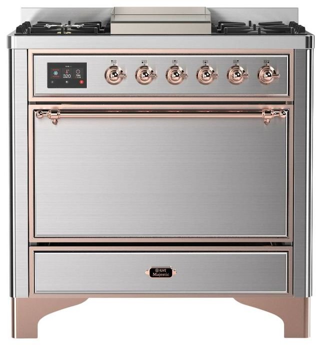 Ilve® Majestic III 36" Stainless Steel Pro Style Dual Fuel Liquid Propane Range with Solid Door and Copper Trim-0