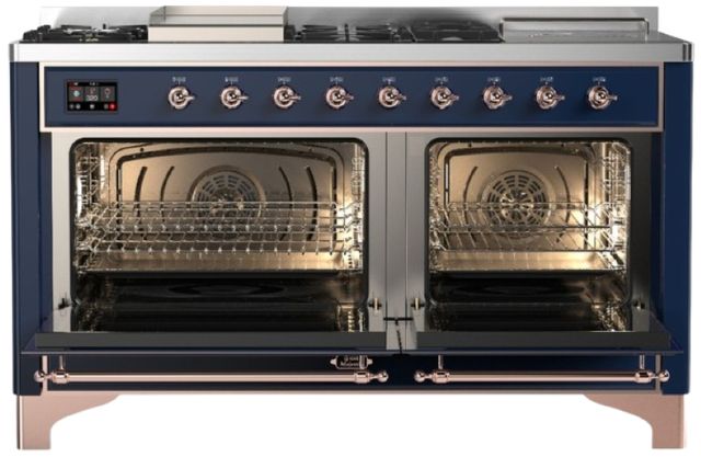 Ilve® Majestic III 60" Midnight Blue Pro Style Dual Fuel Natural Gas Range with French Top and Copper Trim-1