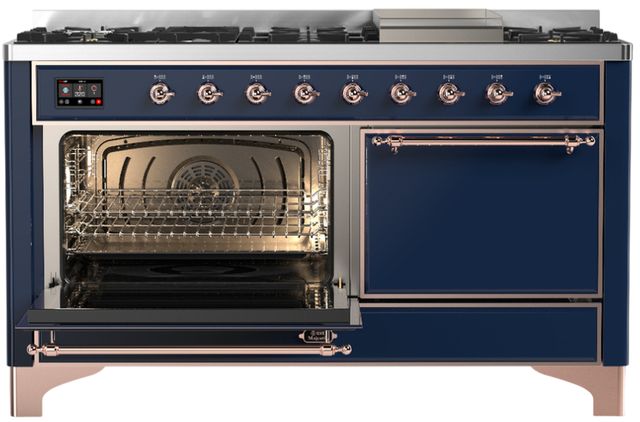 Ilve® Majestic III 60" Midnight Blue Pro Style Dual Fuel Liquid Propane Range with Solid Door and Copper Trim-2