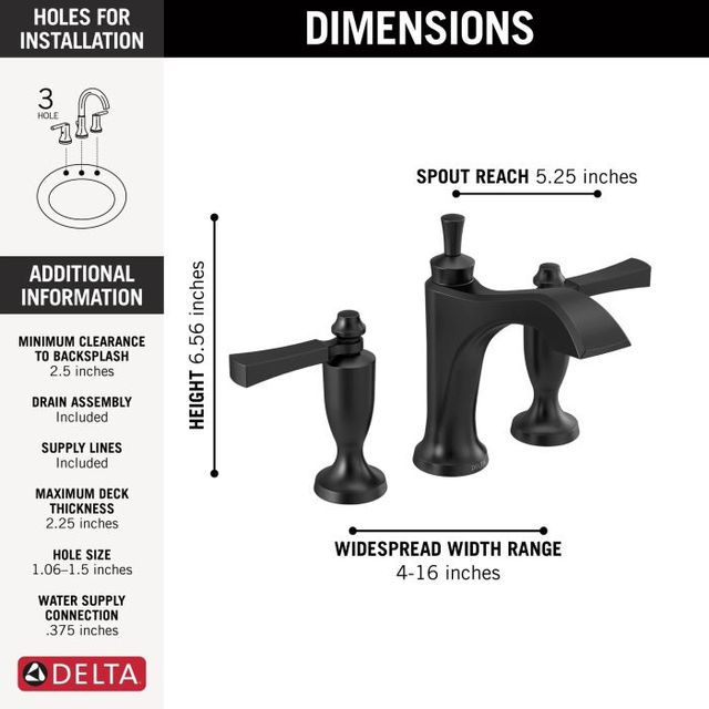 Delta Dorval® Matte Black 2-Handle Widespread Bathroom Faucet-3