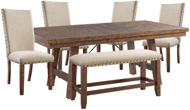 Elements International Jax 6-Piece Cherry/Cream/Walnut Upholstered Dining Set-0
