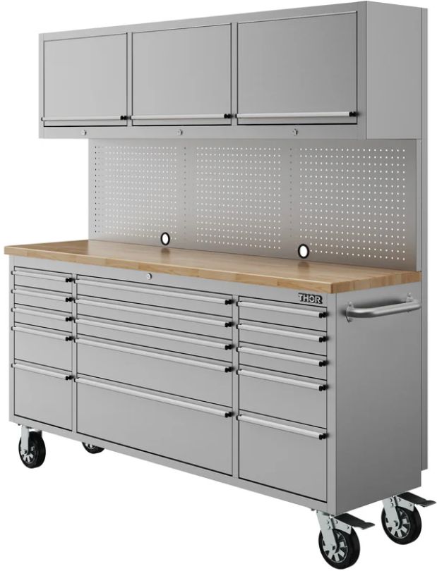 Thor Kitchen® 72" Stainless Steel 15-Drawer Tool Chest with Upper Cabinet and Pegboard-2