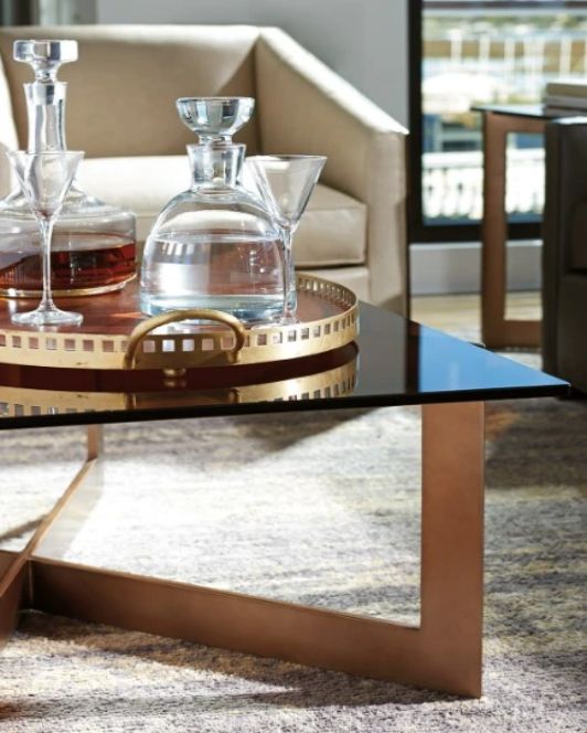 Lexington Home Zavala Aperture Brown Glass Top Cocktail Table with Bronze Base-3