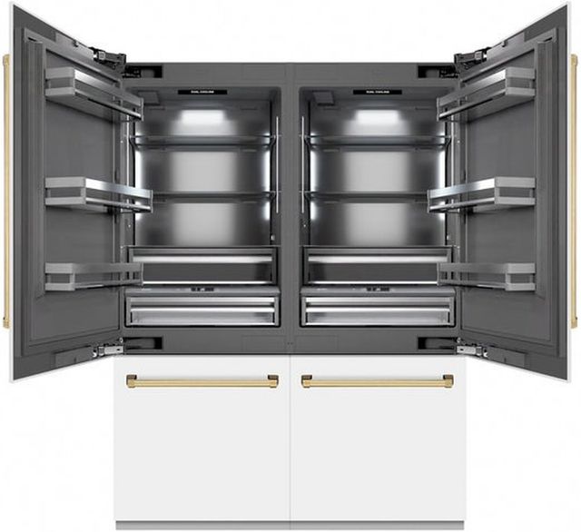 ZLINE Autograph Edition 60" 32.2 Cu. Ft. White Matte Built-In French Door Refrigerator with Water Dispensers, Ice Makers, and Polished Gold Accents-2