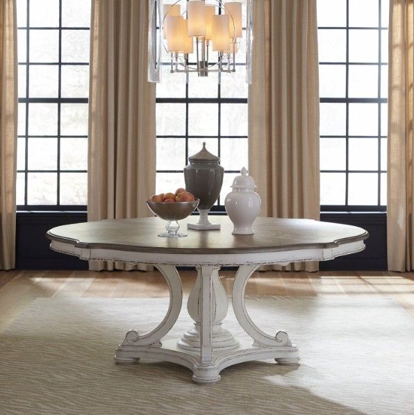 Liberty Furniture Magnolia Manor Weathered Bark Cloverleaf Dining Table with Antique White Base-1