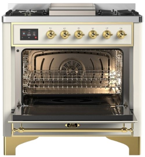 Ilve® Majestic III 36" Antique White Pro Style Dual Fuel Natural Gas Range with Solid Door and Brass Trim-1