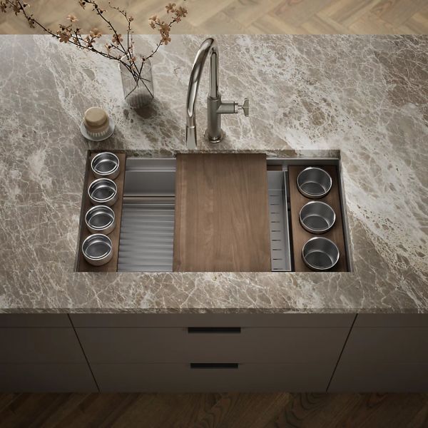 KOHLER® Synthos™ Dark Walnut/Stainless Steel 34" Undermount Single-Bowl Workstation Kitchen Sink-1