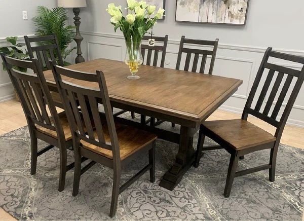 Rustic Two Tone Trestle Table Set w/ Chairs-0