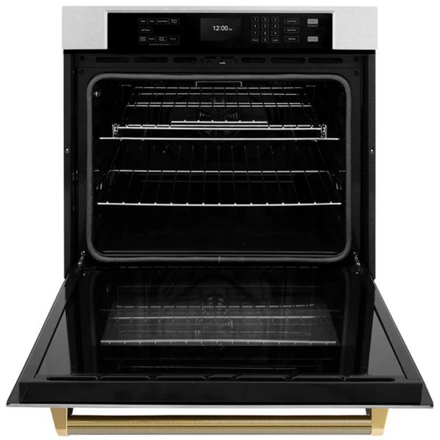 ZLINE Autograph Edition Professional 30" Satin Stainless Steel True Convection Single Wall Oven with Air Fry and Self Clean with Polished Gold Helix Handle -2