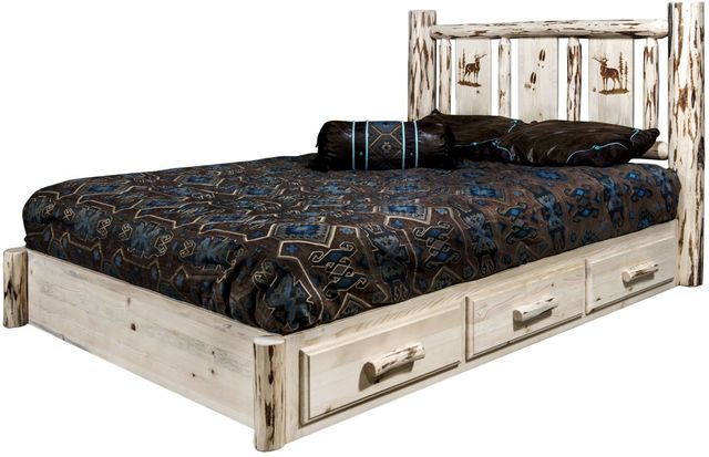 Montana Woodworks® Montana Collection Clear Lacquer California King Platform Storage Bed with Laser Engraved Elk Design-3