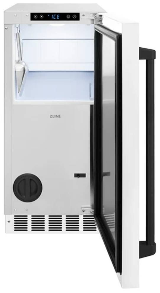 ZLINE Autograph Edition Touchstone 15" 66 lb. Stainless Steel Gourmet Ice Maker with Drain Pump and White Matte Door with Matte Black Handle-2