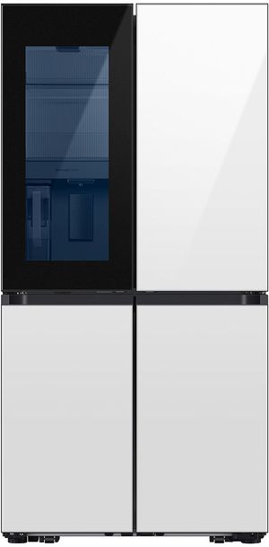 Front view of the Samsung Bespoke 36 in. 23.0 Cu. Ft. White Glass Counter Depth French Door Refrigerator