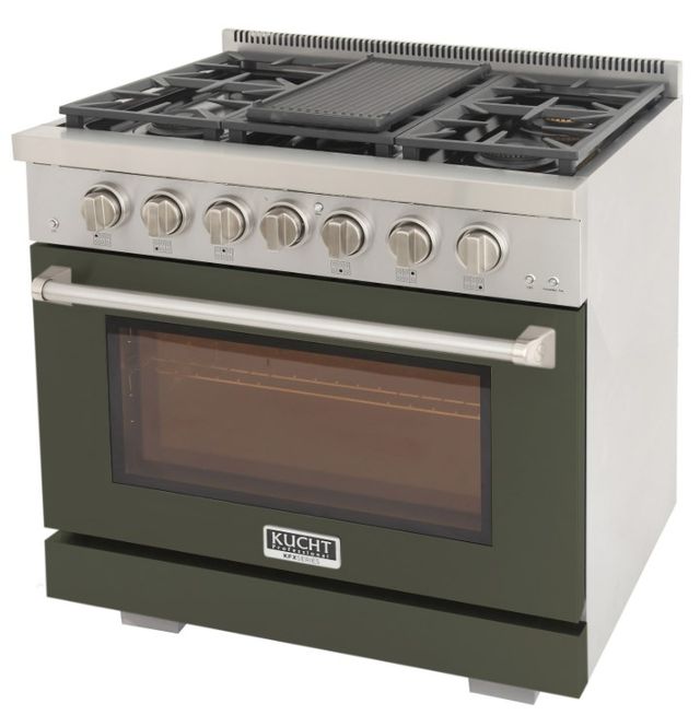Kucht Professional KFX Series 36" Stainless Steel Pro Style Liquid Propane Gas Range with Olive Green Door and True Simmer Burners-2