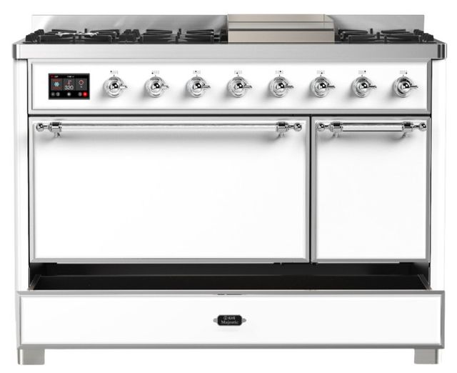 Ilve® Majestic III 48" White Pro Style Dual Fuel Natural Gas Range with Solid Door and Chrome Trim-2