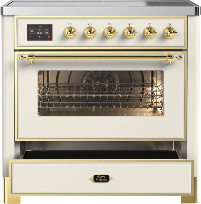 Ilve® Majestic III 36" Antique White Pro Style Induction Range with Triple Glass Door and Brass Trim-3