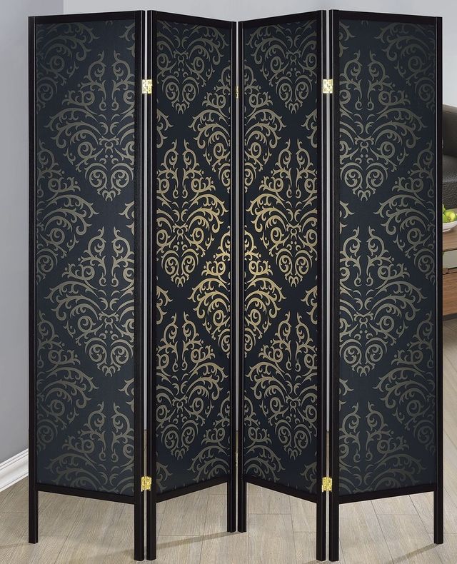 Coaster® Haidera Black 4-Panel Damask Pattern Folding Screen-1