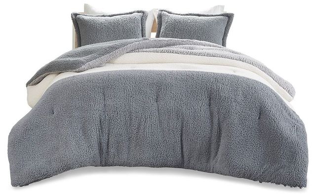 Olliix by Intelligent Design Arlow Grey/Ivory King Color Block Overfilled Sherpa Comforter Set-0