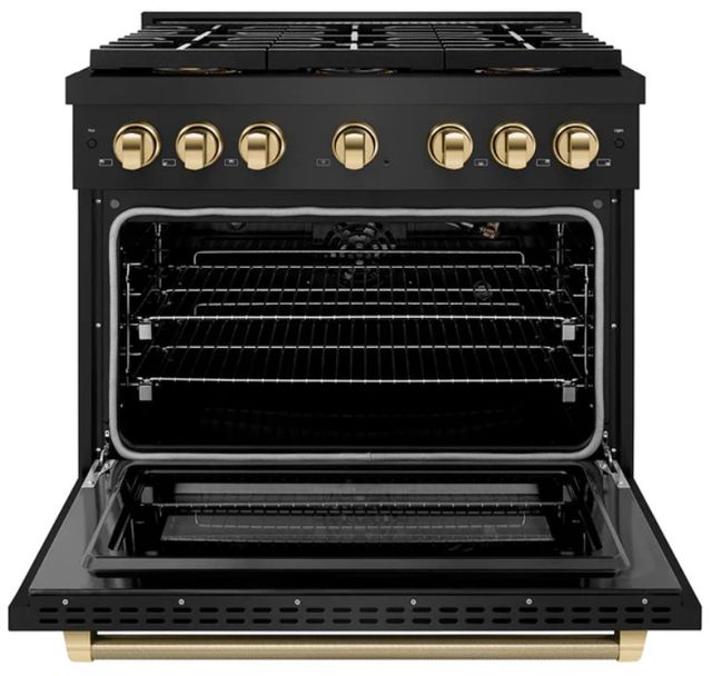 ZLINE Autograph Edition Paramount 36" 5.2 Cu. Ft. Black Stainless Steel Gas Range with 6 Burner DuoPro™ Cooktop and Convection Gas Oven with Polished Gold Helix Handle and Accents-1