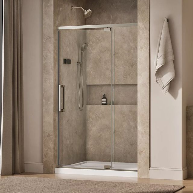KOHLER Statement™ Anodized Brushed Nickel 76" x 42" - 48" Pivot Shower Door with Controlled Close®-1