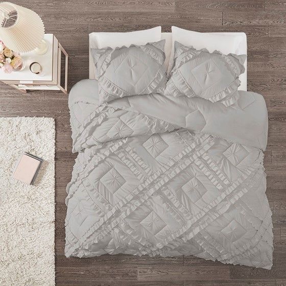 Olliix by Intelligent Design Kacie Grey Twin/Twin Extra Large Solid Coverlet Set with Tufted Diamond Ruffles-2